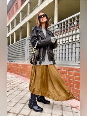 ZARA Oversized Long Real Leather Moto Jacket